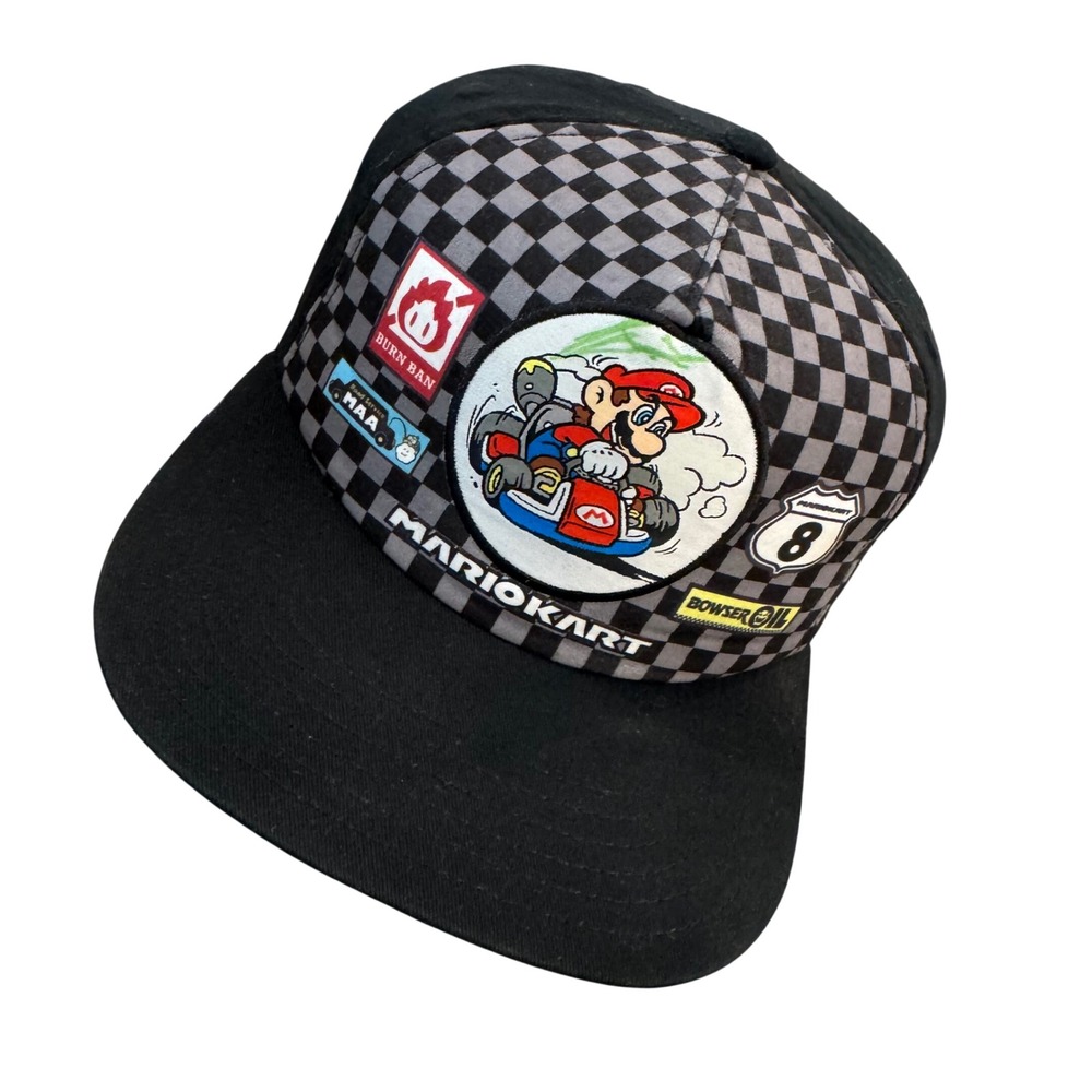 Nintendo Mario Kart Hat Youth OSFM Black Checkered Snapback Excellent Graphics